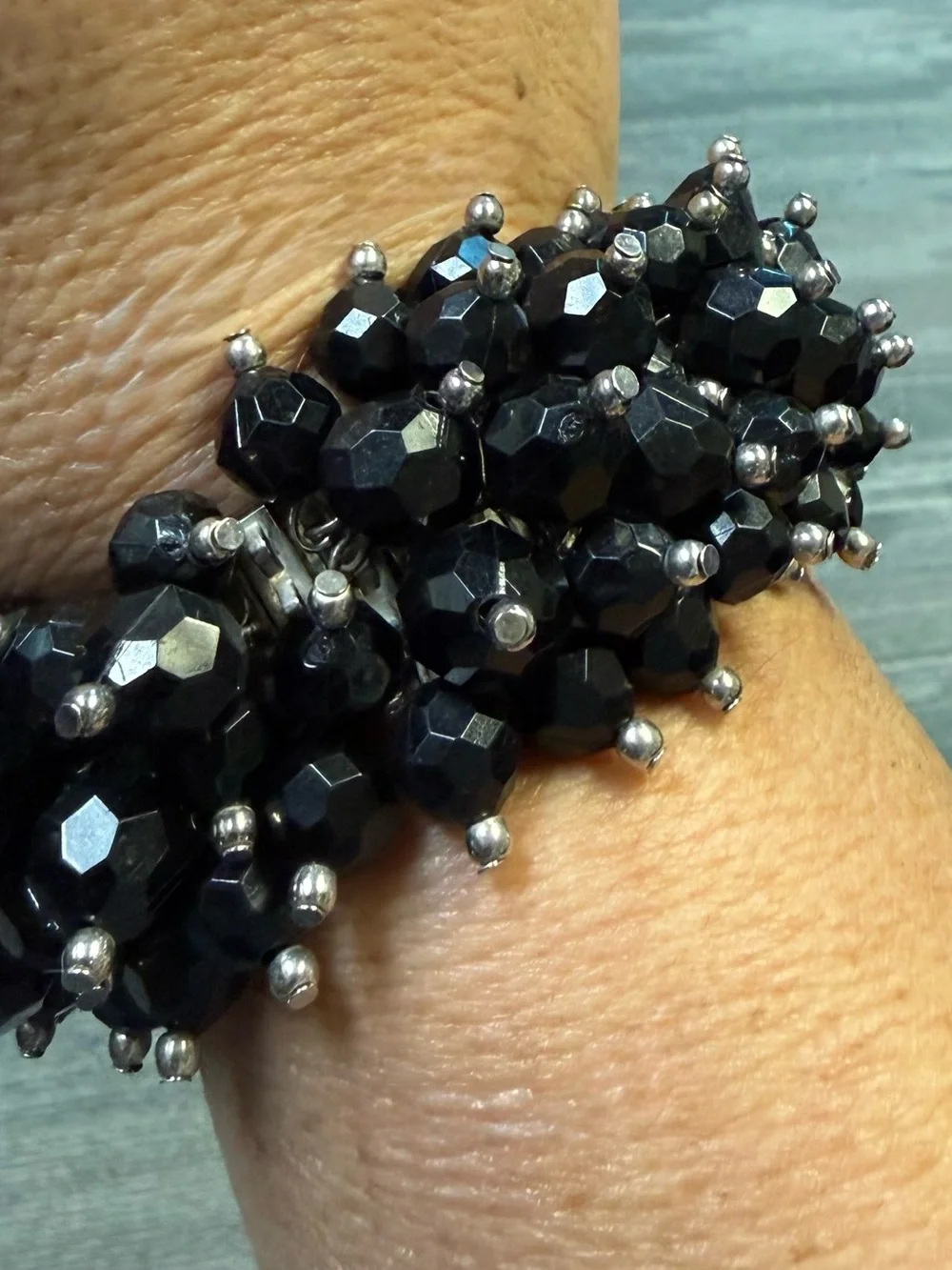 Black Crystal Beaded Cha-Cha Accordion Statement Bracelet